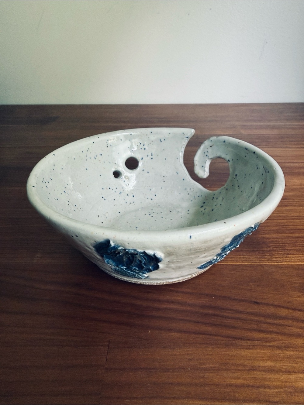 Handmade Ceramic Yarn Bowl – Speckled White & Blue Glaze